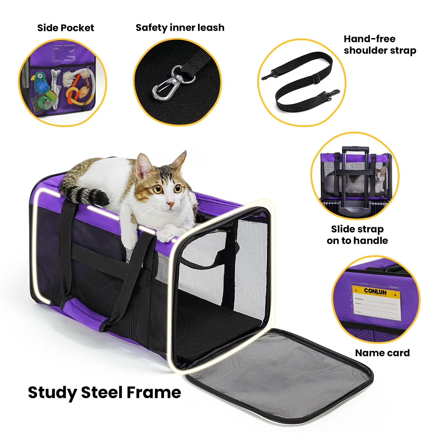 Conlun Cat Carrier,Soft-Sided Cat Carriers with 4-Sided Mesh,Airline Approved Pet Transport Carrier,Collapsible Cat Travel Carrier-Purple