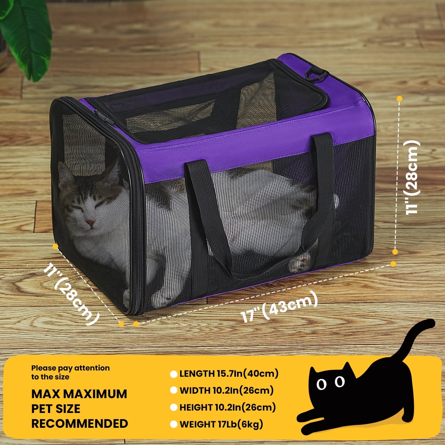 Conlun Cat Carrier,Soft-Sided Cat Carriers with 4-Sided Mesh,Airline Approved Pet Transport Carrier,Collapsible Cat Travel Carrier-Purple