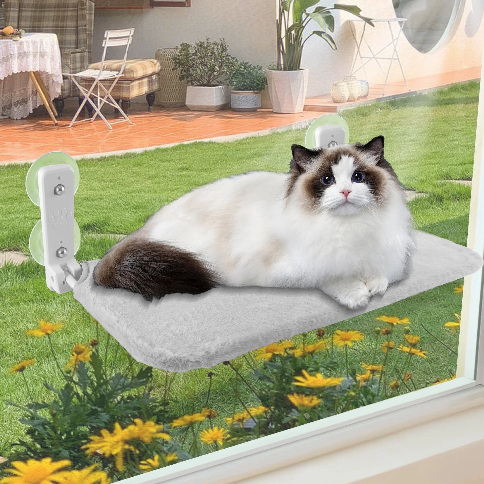 Cat Window Perch, Foldable Cat Window Bed Holds 33 Lbs Indoor with 4 Suction Cups, Reversible Fabric Washable Cover, Grey