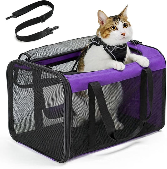 Conlun Cat Carrier,Soft-Sided Cat Carriers with 4-Sided Mesh,Airline Approved Pet Transport Carrier,Collapsible Cat Travel Carrier-Purple