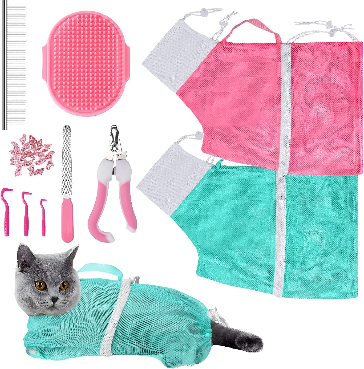 10 PCS Cat Washing Bag for Bath Shower Adjustable Net Grooming Set | Pet Brush Nail Clipper File, Hair Combs Tick Tool, Nail Caps, Bathing Trimming Examination, Pink and Green