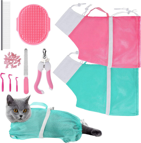 10 PCS Cat Washing Bag for Bath Shower Adjustable Net Grooming Set | Pet Brush Nail Clipper File, Hair Combs Tick Tool, Nail Caps, Bathing Trimming Examination, Pink and Green