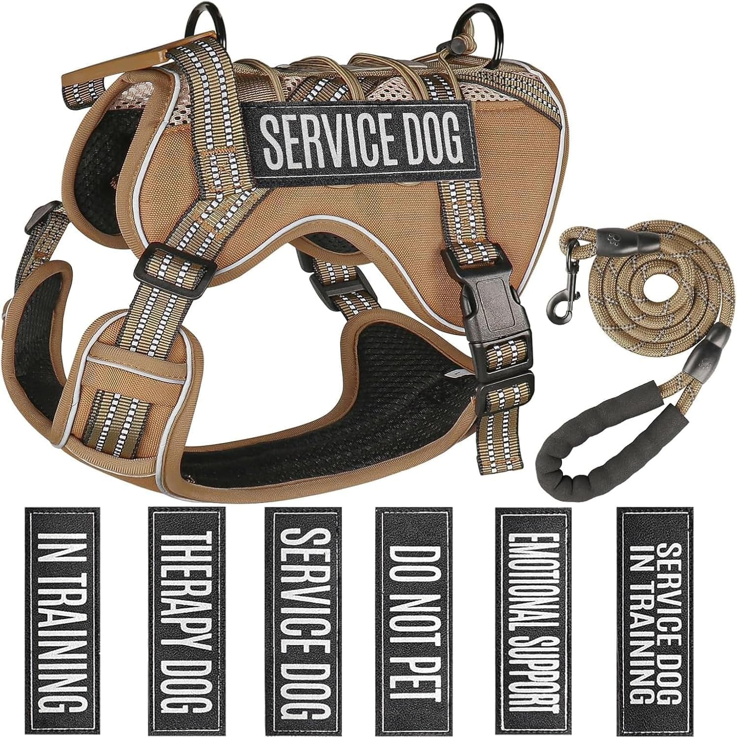 Service Dog Tactical Vest Harness and Leash Set Medium Sized Dog Emotional Support- Tactical Dog Harness Training Collar with Name (Khaki, M)