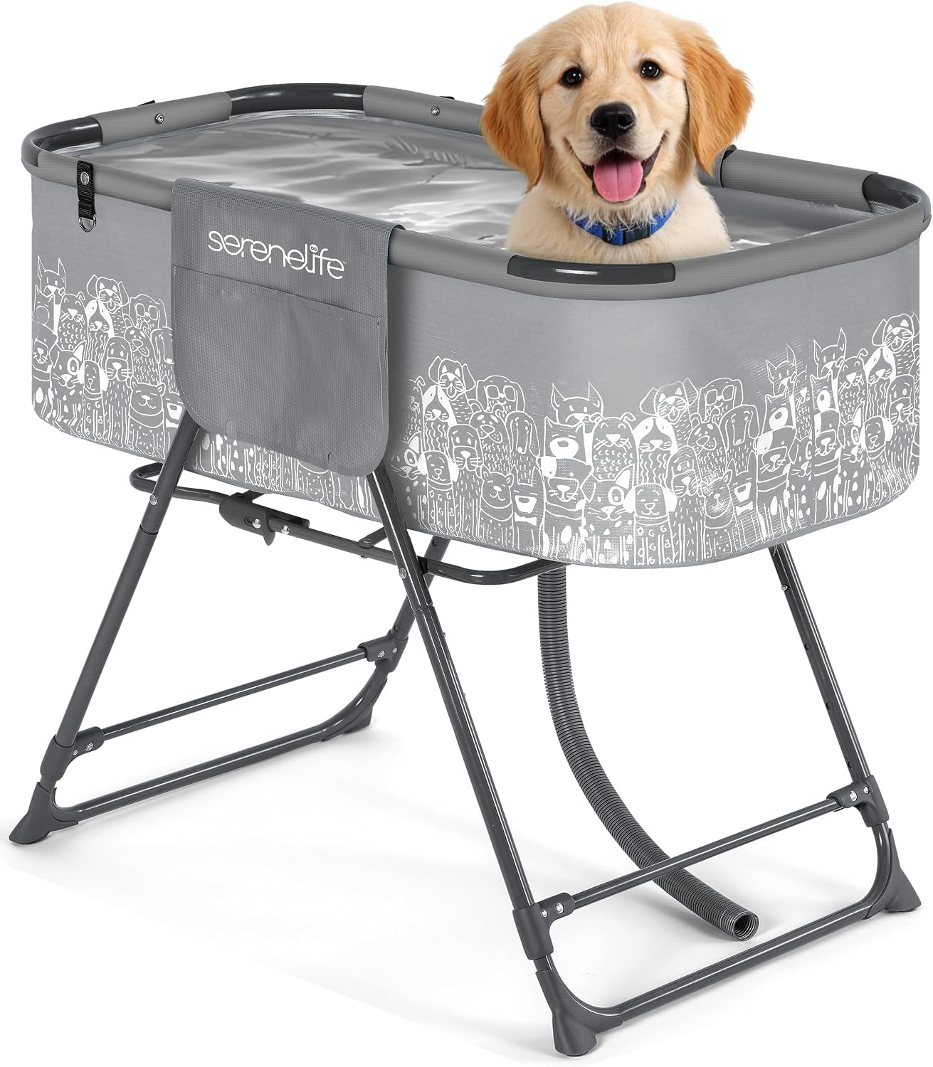 Foldable Dog Bath Tub with Adjustable Height, 360° Access, Drain Hose & Storage Pockets – 130 Lb Capacity Grooming Station for Indoor/Outdoor Use (Gray)
