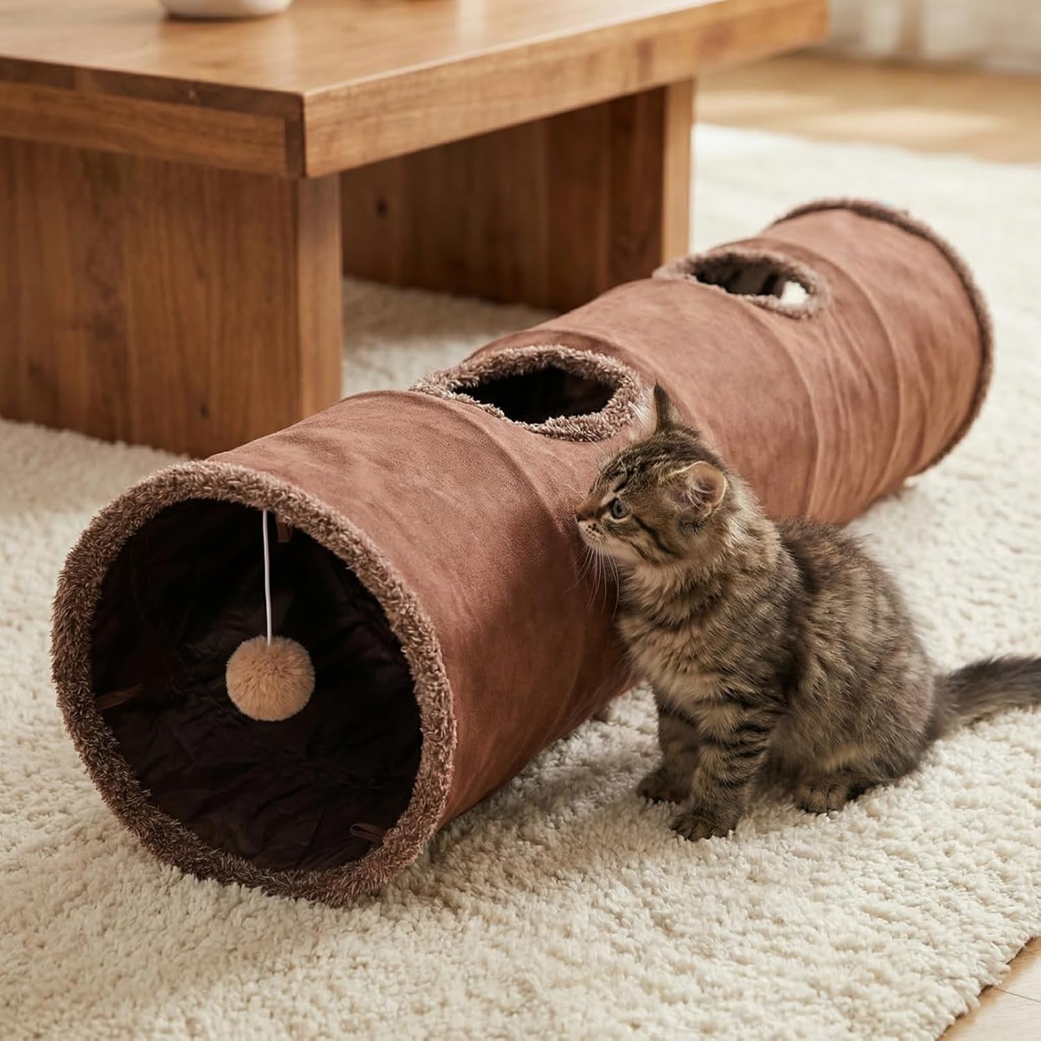 51"X 12" Collasiple Cat Play Tunnel, Cats Tubes and Tunnels, Cat Foldable Hide and Seek Tunnel Toy, Brown Suede Pet Tube Toy for Rabbits, Ferrets, Puppy, Diameter 12 Inch